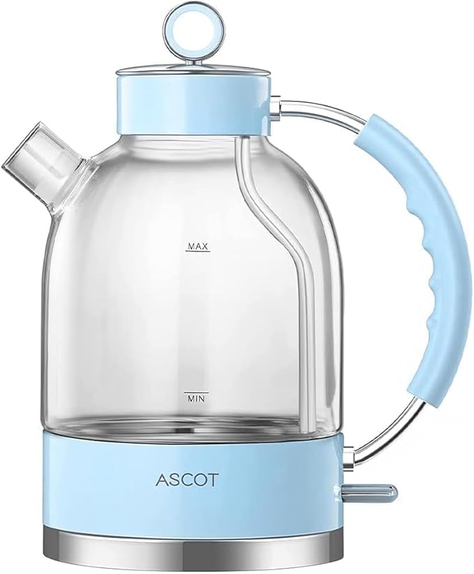 ASCOT Electric Kettle, Glass Electric Tea Kettle Gifts for Men/Women/Family 1.5L 1500W Borosilicate Glass Tea Heater, with Auto Shut-Off and Boil-Dry (Light Blue)