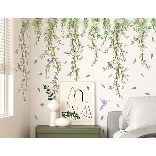 Hanging Vine Wall Decals Removable Birds Green Leaf Wall Stickers Peel and Stick Plants Home Art Decor for Kids Girls Teens Nursery Bedroom Living Room Sofa TV Background Wall
