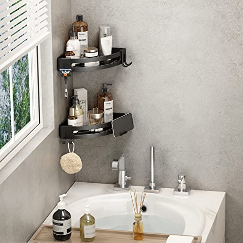 VOLPONE Corner Shower Caddy with Razor Holder Adhesive Shower Shelf Corner No Drilling (adhesive mounting, no suction cup) Bathroom Shower Organizer Storage Rack (2-Pack, Black) - style: Without Suction Cup Triangle with Hooks 2 Tier Black