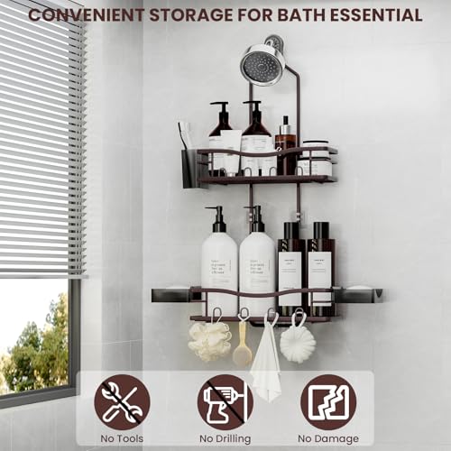REINHARDT Shower Caddy Hanging, Rustproof Shower Caddy Anti-Swing Shower Organizer No Drilling Showers Racks with Soap Holder Multi Hooks Bathroom Storage for Shampoo Sponge, Bronze - color: Bronze