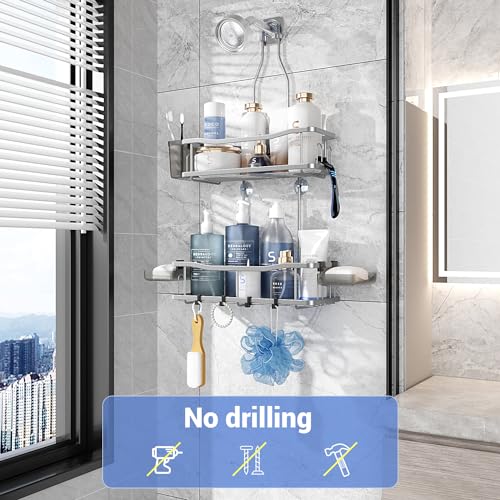 Aitatty Hanging Shower Caddy Bathroom Organizer: Rustproof Shower Shelf Racks Over Shower Head - No Drilling Inside Bath Shower Rack Shelves Over Showerhead for Shampoo with Soap Holder Silver - color: Silver