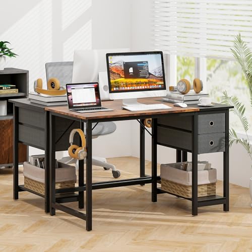 Tangkula 48-Inch Computer Desk with 2 Drawers, Modern Home Office Desk with Hanging Hook & Storage Shelf, Multipurpose Writing Desk for Study Bedroom (Rustic Brown, 48")