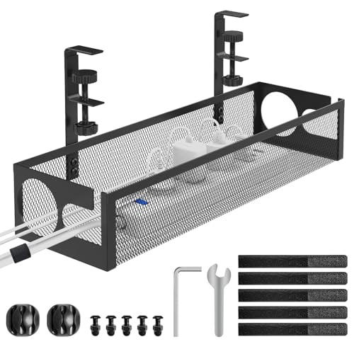 Under Desk Cable Management Tray No Drill 15.1’’, Metal Mesh Cable Management Box with Hybrid Side Slots Cable Raceway,Adjustable Cable Tray with Wire Management for Office Home,1 Pack (Black) - color: Black