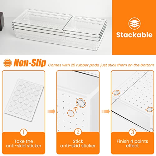 Criusia 6 Pcs Large Size Clear Drawer Organizer Set, Acrylic Non Slip Non Cracking Kitchen Drawer Storage Tray Divider, Multifunctional Storage for Cosmetics, Bathroom, Tools, Kitchen and Office - size: 6 PACK