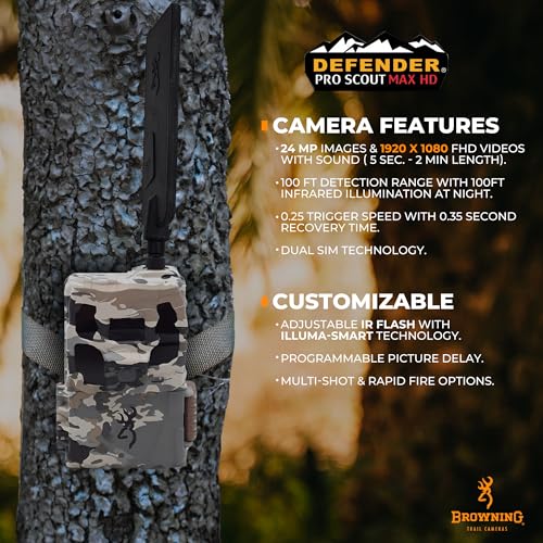 Browning Trail Cameras Defender Pro Scout Max HD 24MP Dual SIM Cellular Trail Camera - Ultra High Gain Antenna, Smart Infrared Video, 100' Detection Range & Smartphone App Compatibility (OVIX Camo)