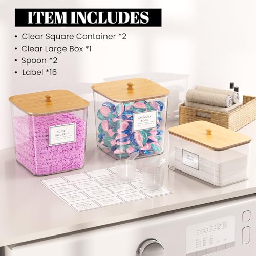 2+1 Pack Laundry Pods Container,Clear Laundry Detergent Powder Storage Containers,Laundry Room Organization Containers with Wooden Lids & Labels,Laundry Pods Holder for Scent Booster,Dryer Ball - style: 2+1 Pack