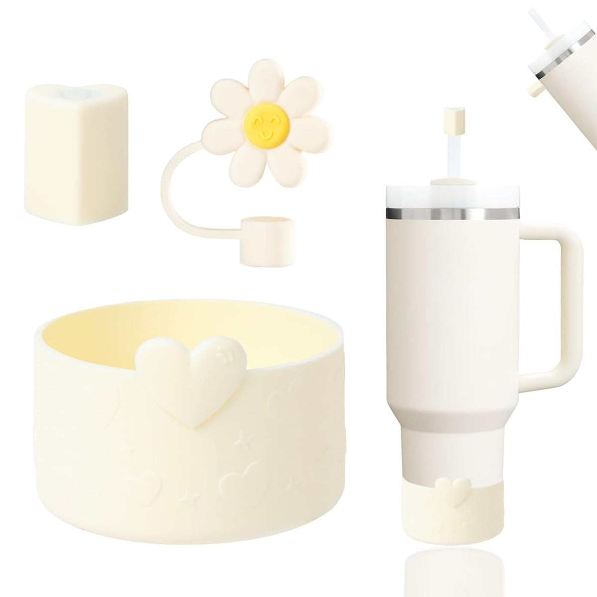 YAYAYOUNG Stanley Cup Silicone Accessories Set Including 1Pc Love Boot for StanleyCup 40oz & 30oz Tumbler,1 Pc Flower and 1 Pc Magnetic Straw Covers Cap Toppers for 0.4 in/10mm StanleyStraws(Beige)