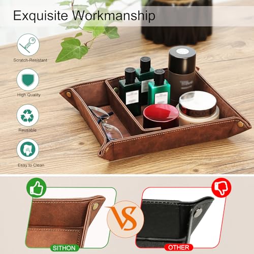 SITHON Valet Tray Desktop Storage Organizer, Removable 2 Compartments Catchall Tray Bedside Vanity Nightstand Caddy Holder Desk Storage Plate, Valentine's Day Gift, Brown - color: Brown