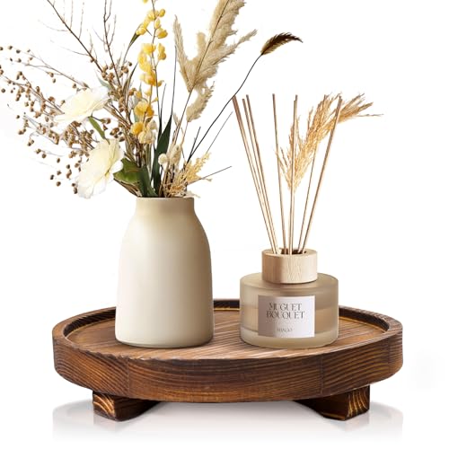 DEBETOOL Round Wooden Decorative Tray - Rustic Wood Soap Tray for Kitchen and Bathroom Counter Organizer, Farmhouse Kitchen Decor Wooden Riser for Soap Dish, Perfume, Candle, Potted