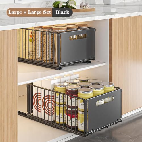 Pull Out Cabinet Organizer, Slide Out Cabinet Organizer Heavy-Duty Carbon Steel Expandable Drawer Adjustable Sliding Shelf Under Sink Rack Shelf for Kitchen Pantry Bathroom Closet - color: black large 2pcs