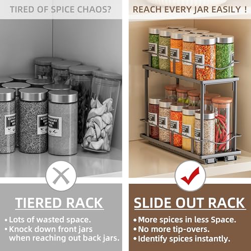 2 Packs Pull Out Spice Rack Organizer for Cabinet, 2-Tier Slide Out Seasoning Organizer, Narrow Cabinet Spice Rack, 10.7" Dx4.8 Wx8.85 H, Full Extension Ball Bearing Glides, Kitchen Pantry Organizer - size: 2 Pack