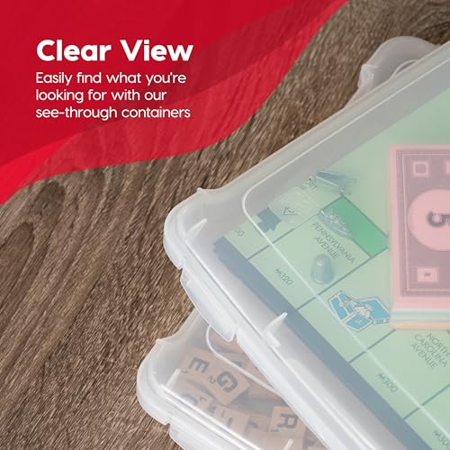 IRIS USA Board Game Storage Craft Organizer Box with Snap-Tight Latch Lid, 4-Pack Portable Plastic Case Bin for Puzzles, Magazines, Hobbies, Art Supplies, Fits 8.5" x 11" & A4 Papers, Slim, Clear - size: 4 Pack