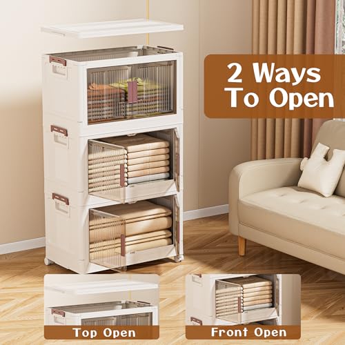 60GAL/240QT 4 tier large stackable storage bins with lid and wheels, collapsible storage bins plastic with doors，suit for clothes, closet, home and office - size: 60QT, style: 4 Pack