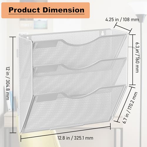 File Folder Organizer, 3-Tier Mesh Hanging Wall File Holder, Magazine Rack, Wall File Organizer With Pockets, Metal Document Organizer, Mail Organizer Wall Mounted for Office Home, White