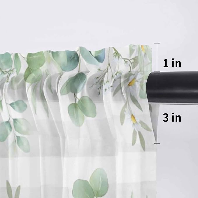 Eucalyptus Leaves Daisy Sheer Valance Curtains, Summer Farmhouses Gray Plaid