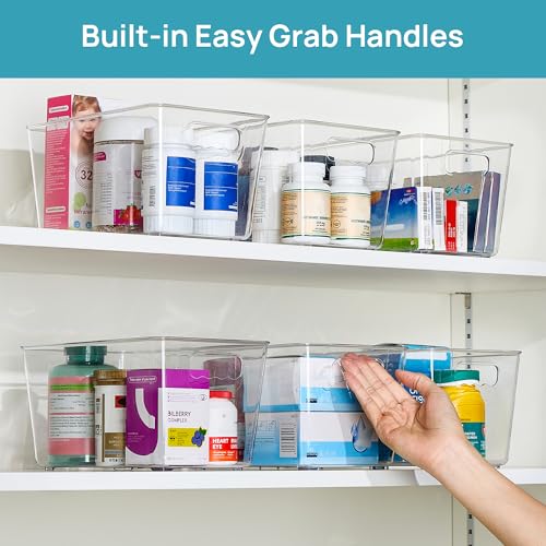 Vtopmart 6 Pack Clear Storage Bins, Pantry Cabinet Organizer Bins with Handle for Pantry Organizer and Storage, Plastic Bins for Fridge, Cabinet, Kitchen, Countertops, Cupboard, Freezer, Medium - size: M(10”L x 6”W x 5”H)