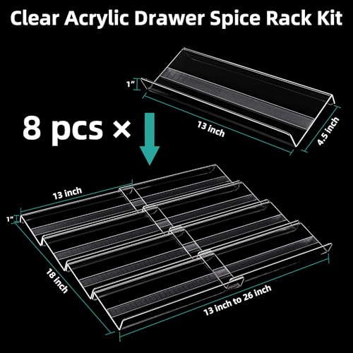 MIUKAA Acrylic Spice Drawer Organizer, 4 Tier - 8 Pack Seasoning Organizer for Drawer, Expandable From 13" to 26" Kitchen Drawer Spice Rack with Slip-Proof Mat (Jars not Included) - size: 8 Pack