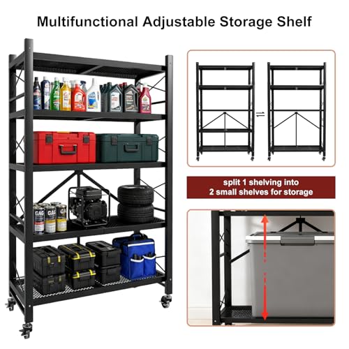 Grezone Foldable Shelves 5 Tier Heavy Duty Metal Storage Shelves with Wheels - No Assembly Collapsible Shelving Unit for Kitchen Garage Hold up to 1250 lbs - size: 39‘’W x 13.9''D x 62.9''H