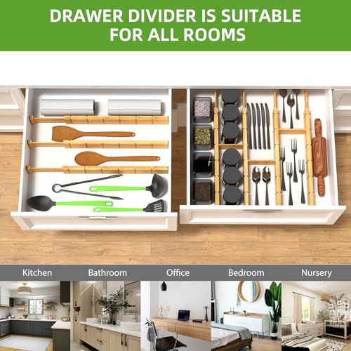 ANTOWIN 4 Pack Expandable Drawer Dividers, 2.2'' High, Extend from 17'' to 22'', Dresser Drawer Organizers, Bamboo Separators for Kitchen, Bedroom, Office, Bathroom, with 12 Pack Divider Inserts