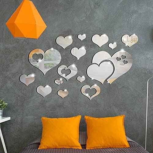 17 Pieces Heart Mirror Wall Decal 3D Acrylic Heart Mirrors Wall Art Decor Removable Sticker for Living Room Bedroom Home Decoration