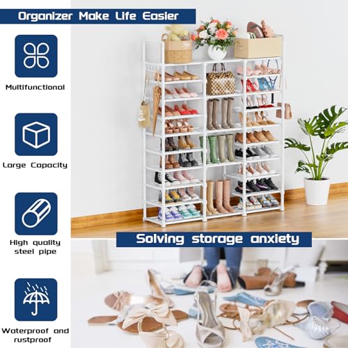 Mavivegue 10 Tiers Shoe Rack, Large Storage Space, 55-60 Pairs, White, Polypropylene - color: White, size: 3 Row 10 Tier