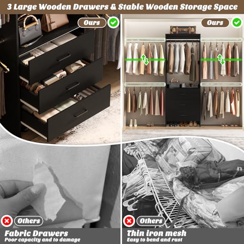 Aheaplus Closet System With 3 Wooden Drawers, Walk-in Wardrobe Organizer, Clothes Rack With 4 Hanging Rods, Garment Rack, -4R, Black - color: Black, size: Without Light