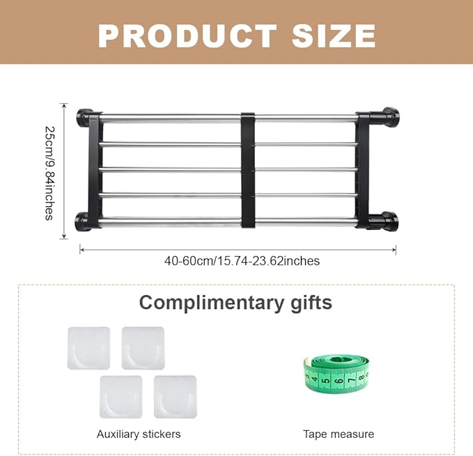Hershii Expandable Closet Tension Shelf Rod Adjustable Metal Storage Rack Cabinet Organizer DIY Divider Separator Shelves for Wardrobe Cupboard Kitchen Bathroom, Black, 15.75-23.62inches