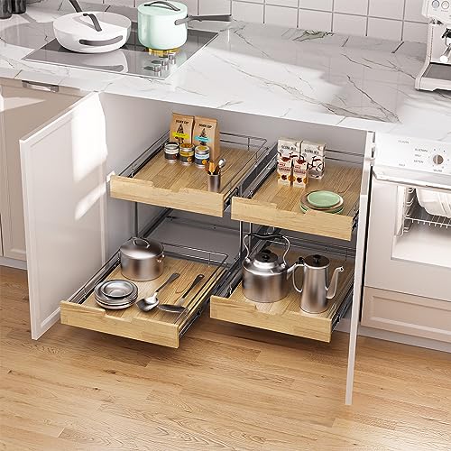 Sikarou Pull Out Cabinet Organizer,Heavy-Duty Slide Out Shelf, Wood and Wire Basket, Pull Out Drawer for for Kitchen Under Sink Space, Pantry, Bathroom, 2 Tie 26 * 21 in - size: 2-TIE 26*21 WM