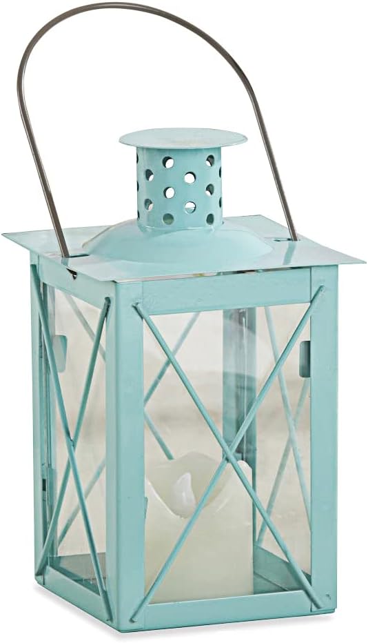 Kate Aspen Medium Decorative Lanterns - Set of 2 - Luminous Blue Metal Lantern Tealight Candle Holders Centerpieces for Wedding, Home Decor and Party - 6.3" H (8.9" H with Handle)