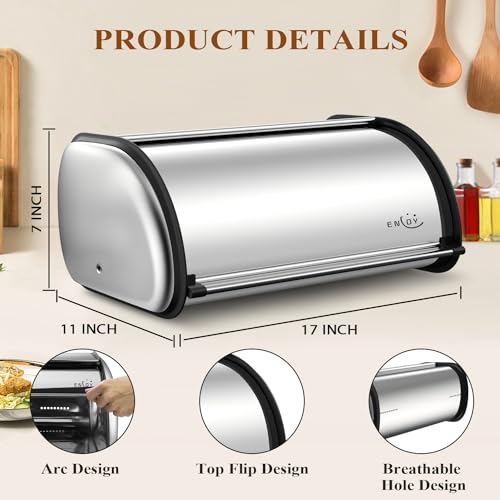 ENLOY Bread Box for Kitchen Counter, Stainless Steel Roll Top Bread Bin, Sliver Bread Storage Holder with Lid, Large Capacity Bread Keeper, 17 x 11 x 7 Inches - color: silver