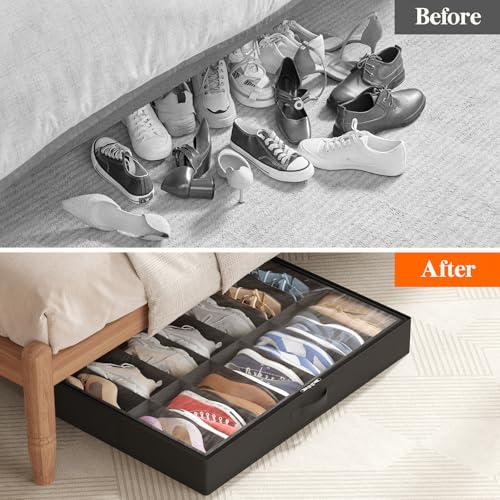 Lifewit Under Bed Shoe Storage Organizer 4 Pack(14 Shoes Cells), 4.3 Inches Tall Low Profile Fabric Shoes Container Box with Clear Cover, Foldable Storage Bag with 2 Handles, Fits 28 to 56 Pairs - style: 14 Shoes Cells