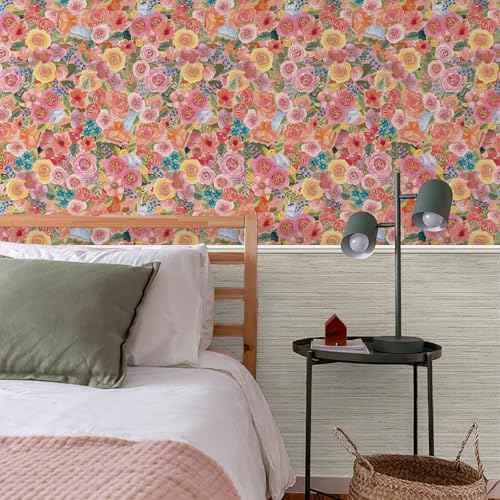 Simon&Siff Floral Peel and Stick Wallpaper 17.3"x80" Pink Watercolor Flowers Wall Murals Removable Wall Paper for Bedroom Bathroom Cabinet Renter Friendly
