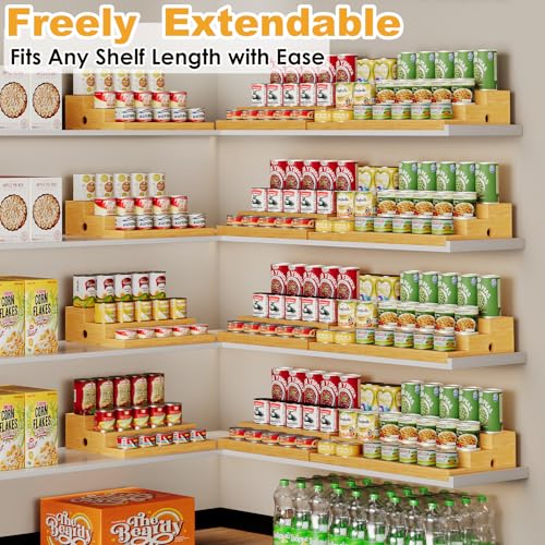 Extra-Long Expandable Bamboo Can Rack for Pantry – 3-Tier Adjustable Pantry Can Organizer, Large Capacity Holds up to 45 Cans, Pantry Shelf & Countertop Storage (Patent Pending)