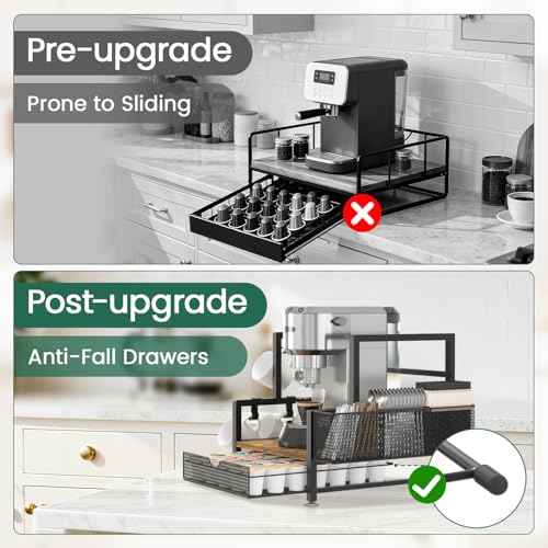 EsLuker.ly Coffee Bar Station Organizer with K Cup Drawer, Pod Holder Storage Rack with 7 Mug Hooks for Countertop, Wooden Coffee Machine Maker Stand for Home Office, Space-Saving for Coffee Lovers