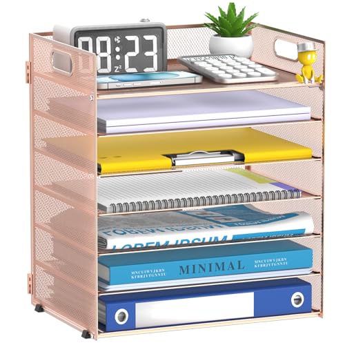 7 Tier Paper Organizer - Mesh Desktop File Holder with Handles for Office School Desk (Rose Gold) - color: Rose gold