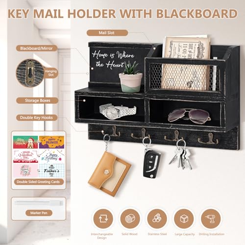 Key Holder Wall Mount, Wooden Mail and Key Organizer with Chalkboard and Mirror, 3 Greeting Cards, 8 Hooks, Black - color: Black