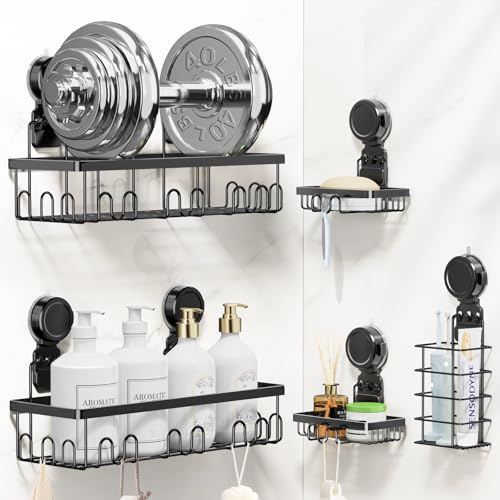 JOTPE Shower Caddy Suction Cup 5 Pack, No Drilling & Removable Suction Cup Shower Shelf for Bathroom with Large Capacity, Powerful Shower Organizer Max Hold 40 lbs, Waterproof Bathroom Shelf, Black - size: Size: 5 x Medium