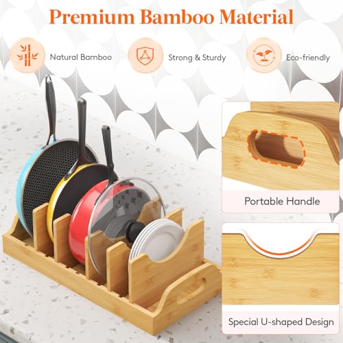 Lifewit Bamboo Pot Lid Organizers for Inside Cabinet, Pan Lid Holder with 6 adjustable Inserts & 7 Sections, Kitchen Pantry organizer and storage, Extra Large, 15.6" X 8.1"/40 x 21cm - size: Extra Large(15.6" x 8.1")