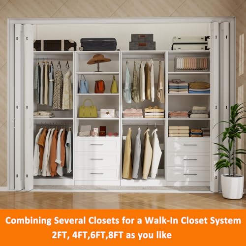 Closet System with 3 Drawers, 4FT Wood Closet Organizer System with 4 Hanging Rods&Adjustable Shevles, 81"Tall Modular Walk In Closet System, Standalone Closet System System, 2 Set,White