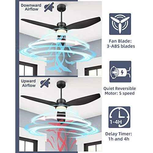 YOUKAIN 52 Inch Indoor/Outdoor Modern Ceiling Fan with Lights and Remote Control, Reversible Blades, for Living room, Bedroom, Bathroom, Matte Black, 52-YJ359-BK