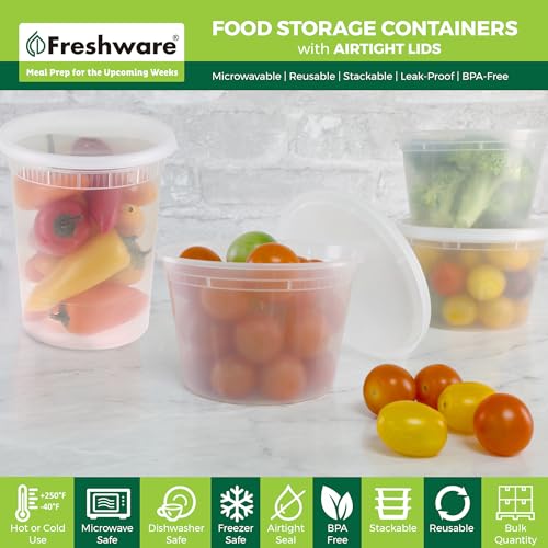 Freshware 48 Pack of 16 and 32 oz, 24 sets each size Food Storage Containers with Lids, Plastic Deli Containers, Meal Prep Containers, Microwave and Freezer Safe, Stackable, Leakproof, BPA Free, Clear - size: 16, 32 oz - 48 Sets