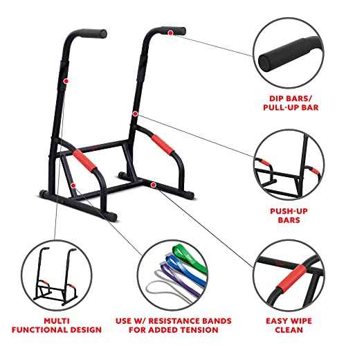 Sunny Health & Fitness Power Tower, Dip Bar, Push-Up & Pull Up Assisting Parallette Station w Optional Rock Climbing Grip Trainer
