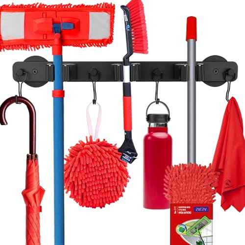 Magnetic Mop Broom Holder,Heavy Duty Movable Magnetic Wall Mount Tool Racks,No Drilling Utility Storage Shovel Hanger for Garage,Closet,Garden,Kitchen,Laundry (4 Hooks 3 Grippers,Black)