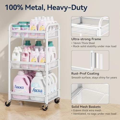 YASONIC 3 Tier Rolling Cart – Metal Utility Storage Carts with Wheels, Craft Carts Organizer with Hanging Cups, Hooks, Mesh Basket for Bedside Kitchen Office Art, White - color: White