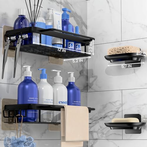 4-Pack Adhesive Shower Caddy with Soap Holder – Rustproof Aluminum Black Shower Shelves & Towel Bar, No Drill Bathroom Organizers and Storage, Anti-Tip Shower Rack for Inside Shower - size: 4-Pack