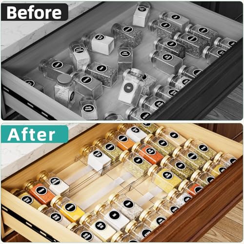 MIUKAA Acrylic Spice Drawer Organizer, 2 Tier - 4 Pack Seasoning Organizer for Drawer, Expandable From 13" to 26" Kitchen Drawer Spice Rack with Slip-Proof Mat (Jars not Included) - size: 4 Pack