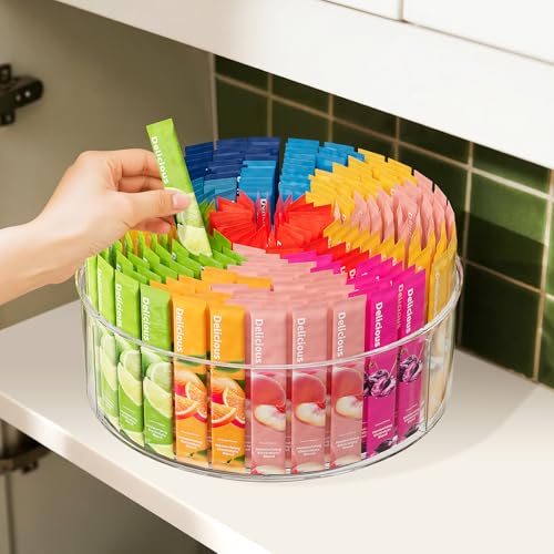 Divided Drink Packet Organizer, Largr Rotating Clear Lazy Susan Turntable for Powdered Drink Mix, Water Drink Packet Holder, Water Flavor Packet, Coffee, Tea – Space-Saving Countertop Organizer - size: 1 Pack - Large 3 Section
