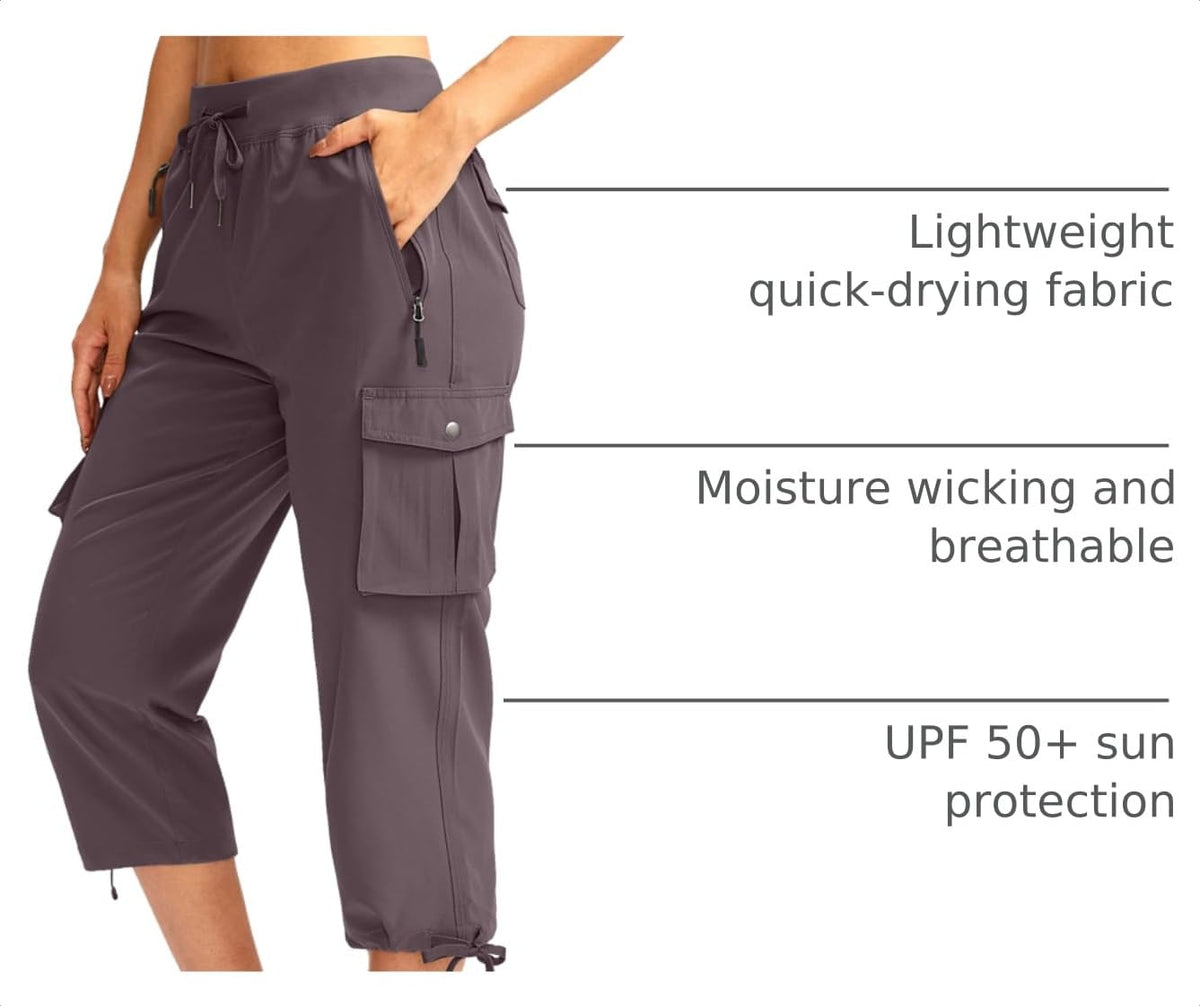 Soothfeel Women's Cargo Capris Pants with 6 Pockets Lightweight Quick Dry Travel Hiking Summer Pants for Women Casual (Dusty Purple, L)
