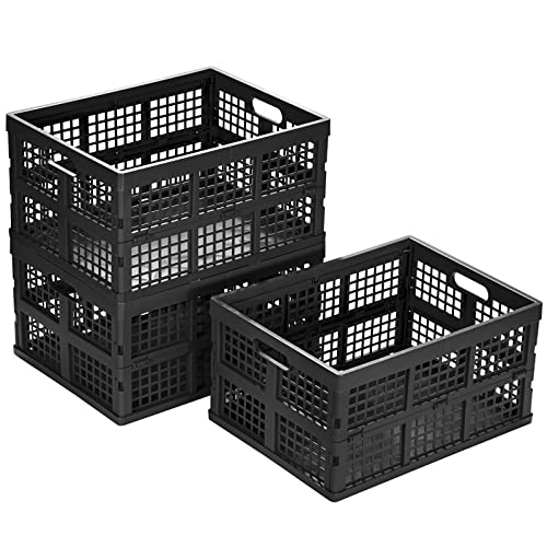 Eslite 34L Large Plastic Folding Storage Crates,Collapsible Crates for Storage,Pack of 3 (Black) - color: Black
