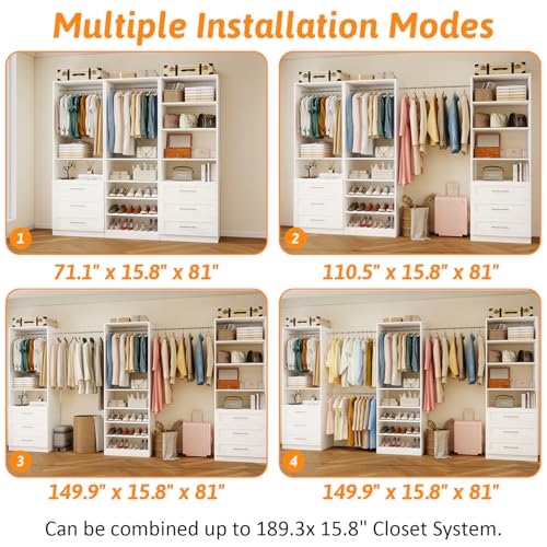 Closet System With 3 Sets, 6–16 Ft Closet Organizer System With 6 Drawers, Walk-In Closet With 9 Shelves & 5 Adjustable Hanging Rods, Customizable Modular Closet Kit, White